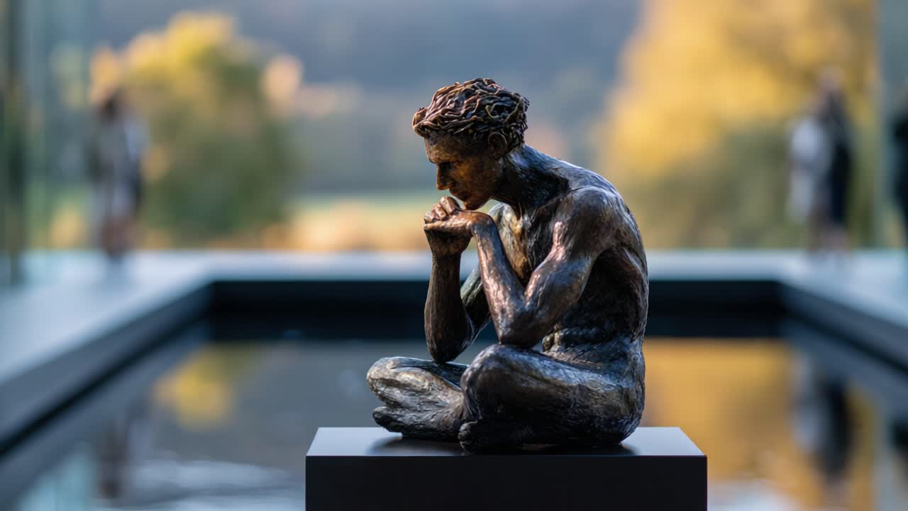 A Thoughtful Bronze Sculpture Depicting Contemplation and Solitude in A Serene Outdoor Setting, Reflecting the Beauty of Nature and Artistic Expression