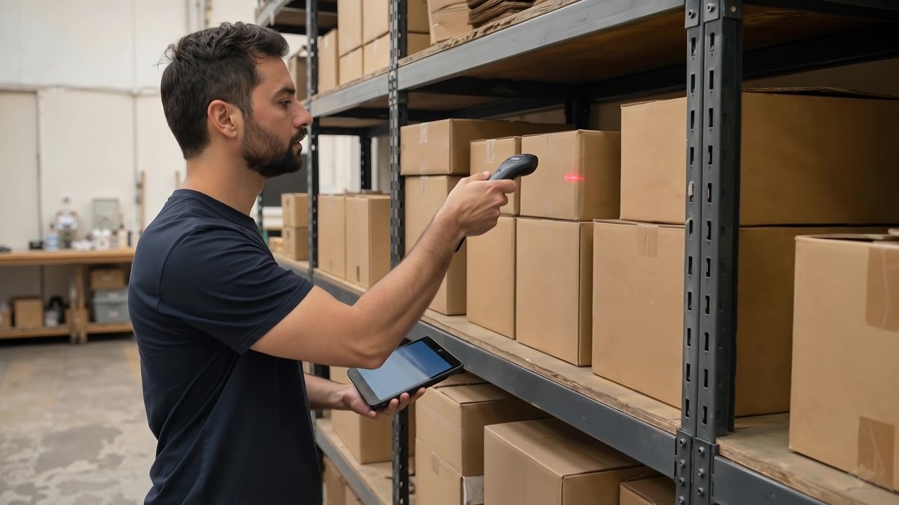 Warehouse worker using electronic scanner and tablet to check inventory boxes on shelves