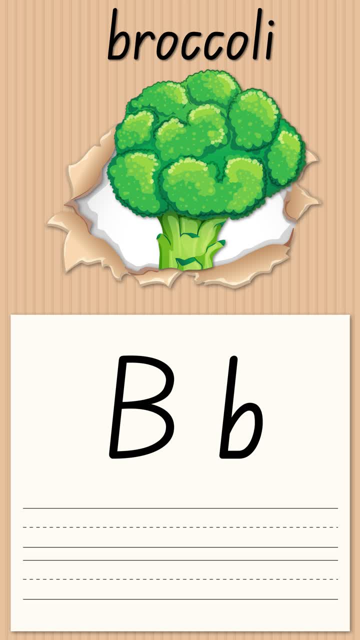 Video verticale animato che insegna ai bambini la lettera B utilizzando illustrazioni di broccoli e linee per la pratica della scrittura a mano.