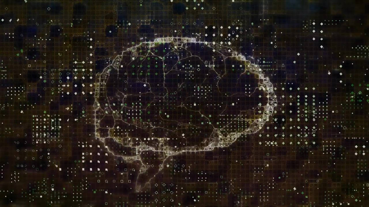 Grid dots initiating brain contour tracing neural pathways flickering pulsing visualizing data flow