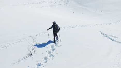 aerial tracking shot of man snowshoeing alone on sunny day