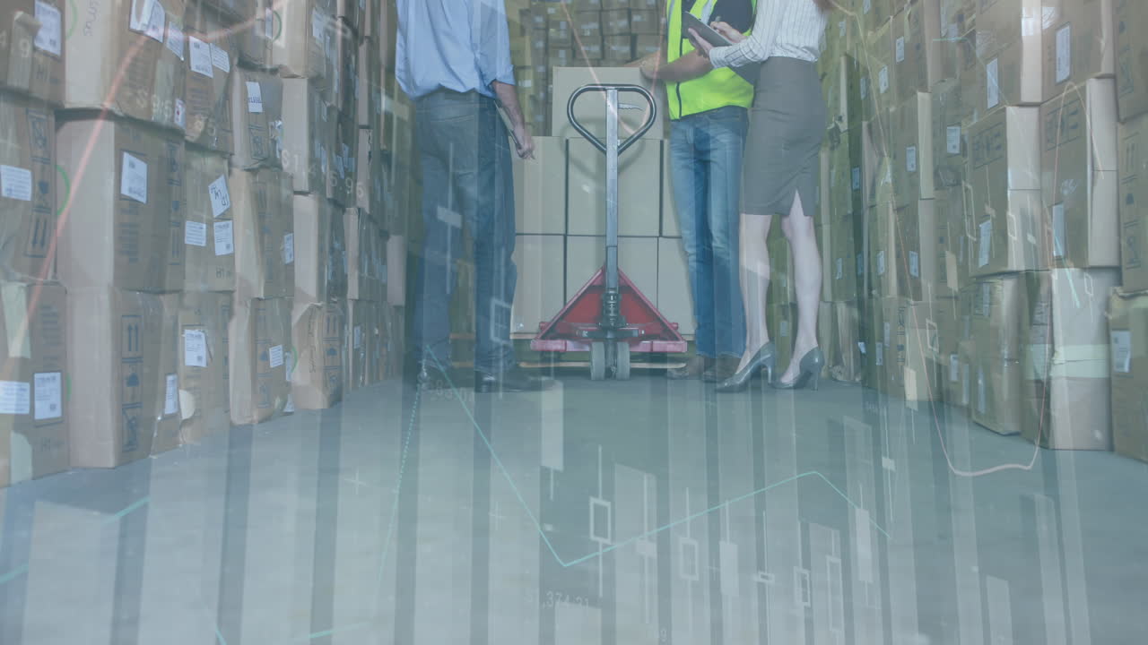 Animation of statistics and data processing over people in logistic centre with cardboard boxes