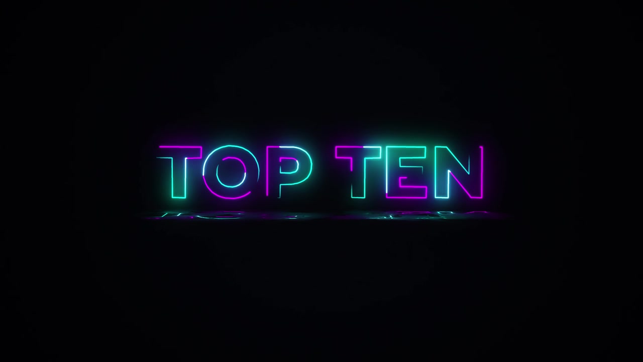 Flashing TOP TEN electric green and pink neon Sign flashing on and off with flicker, reflection, and anamorphic lights