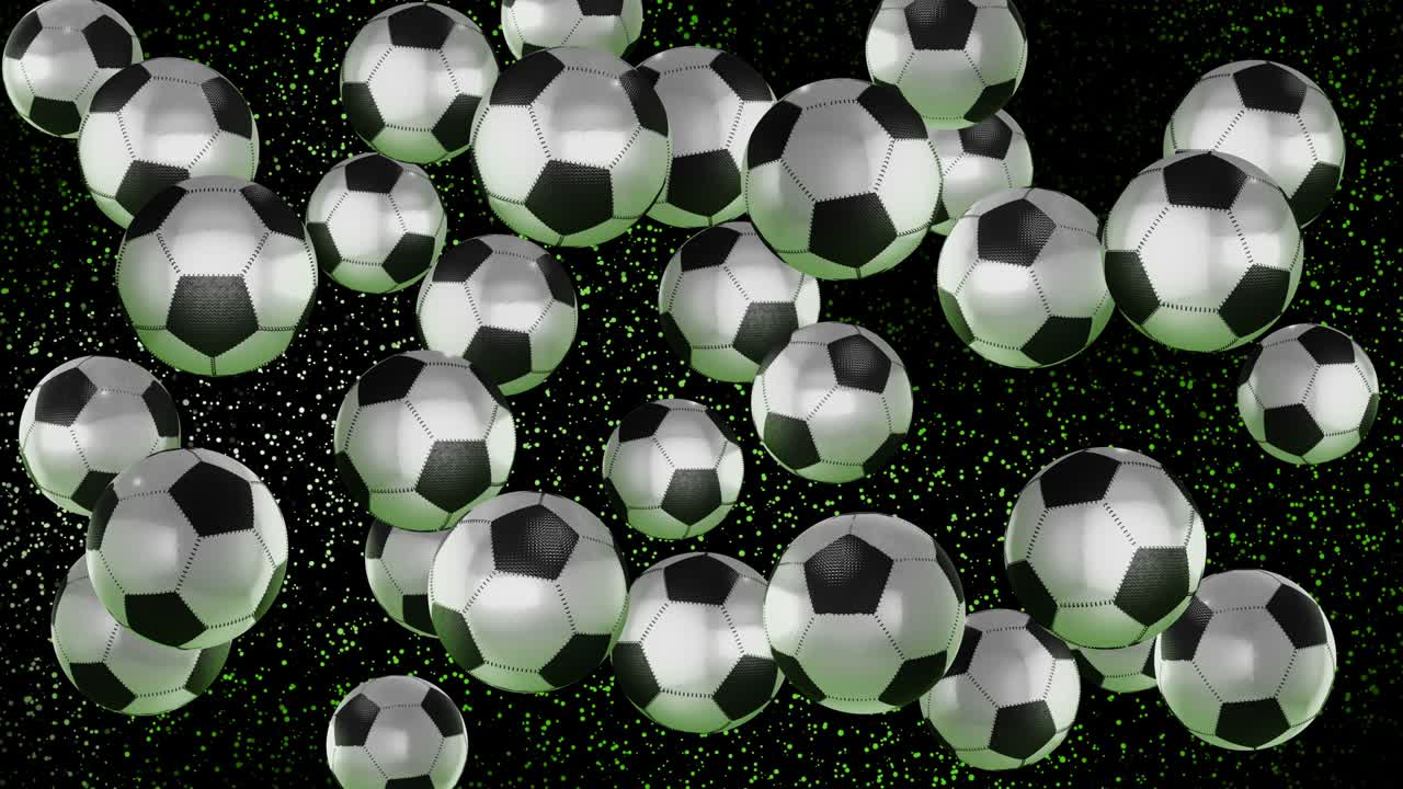 bolas de fútbol. animación 3d. muchas bolas en un solo disparo están colgando en el aire.
