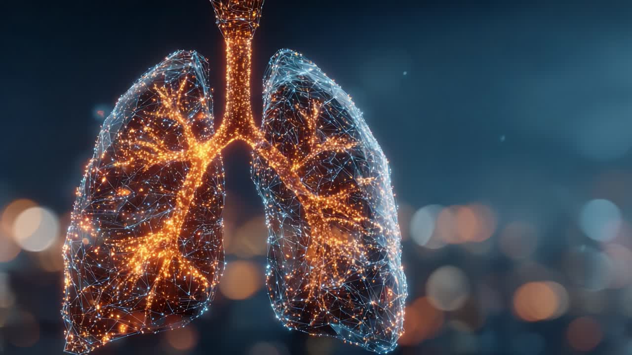 Una visualizzazione straordinaria di polmoni umani illuminati con energia digitale vibrante, che rappresenta l'intricata rete del sistema respiratorio
