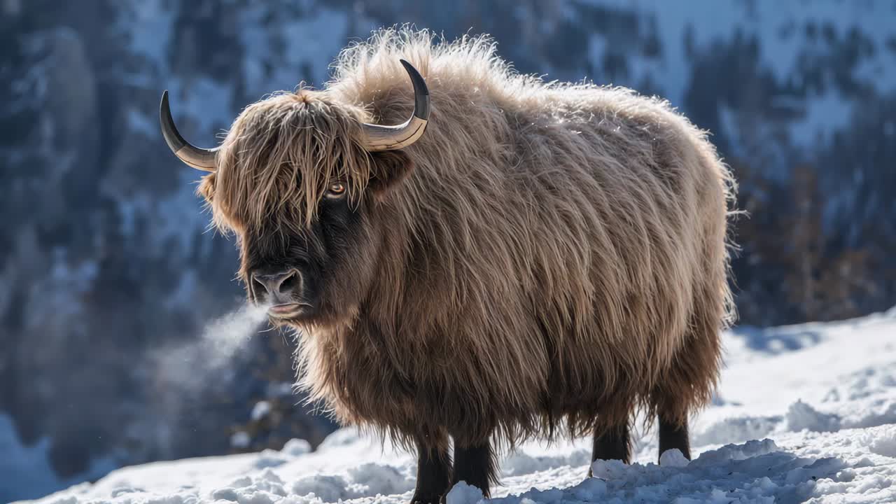 Kall luft får lurviga nötkreatur att andas ut, sänker huvudet i en snöig sluttning och visar horn och klövar