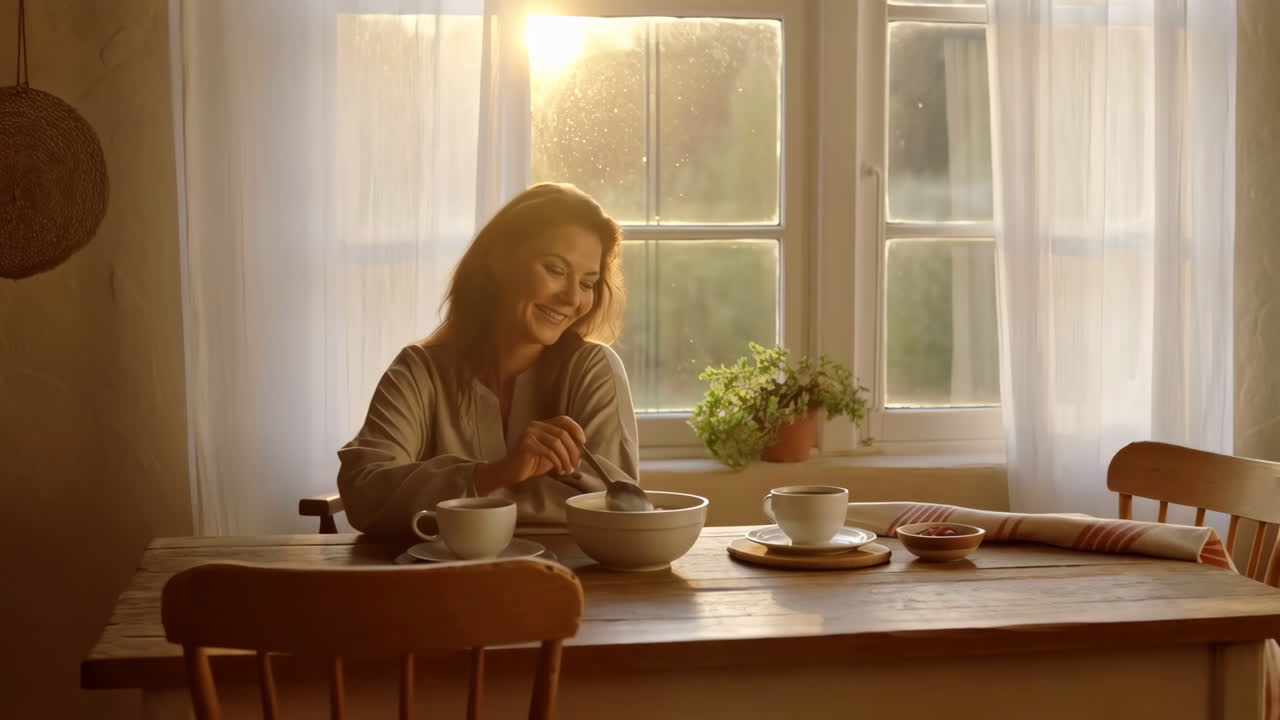 Woman enjoying breakfast at a wooden table by the window