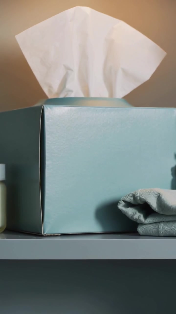 Vertical video: Shifting camera framing teal tissue box on shelf, tissue rising to reveal contents