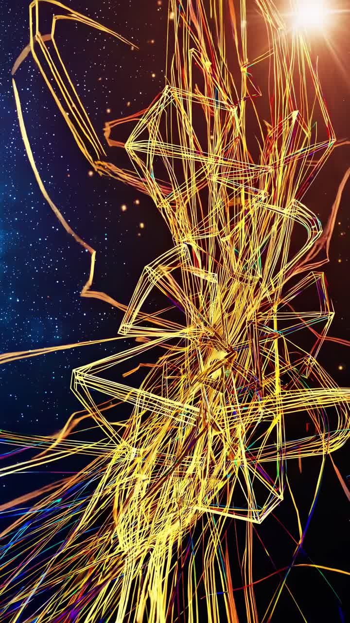 Bright neon geometric lines creating an abstract structure exploding in a starry night sky, representing concepts like technology, innovation, and the future
