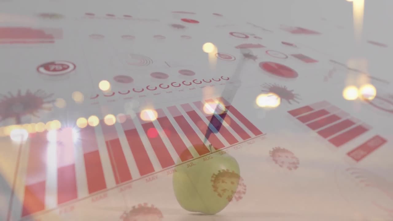 주사기와 빛의 점 위에 바이러스 세포로 데이터 처리의 애니메이션