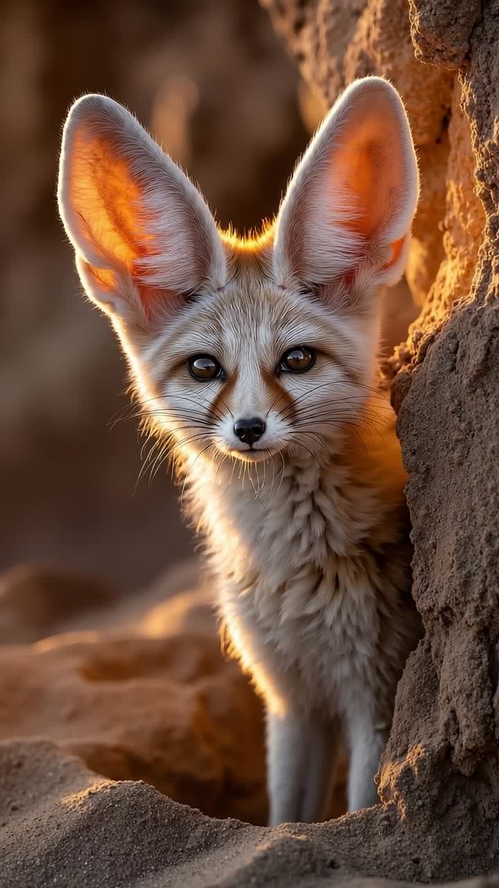 A fennec fox peeking out of a hole in the sand