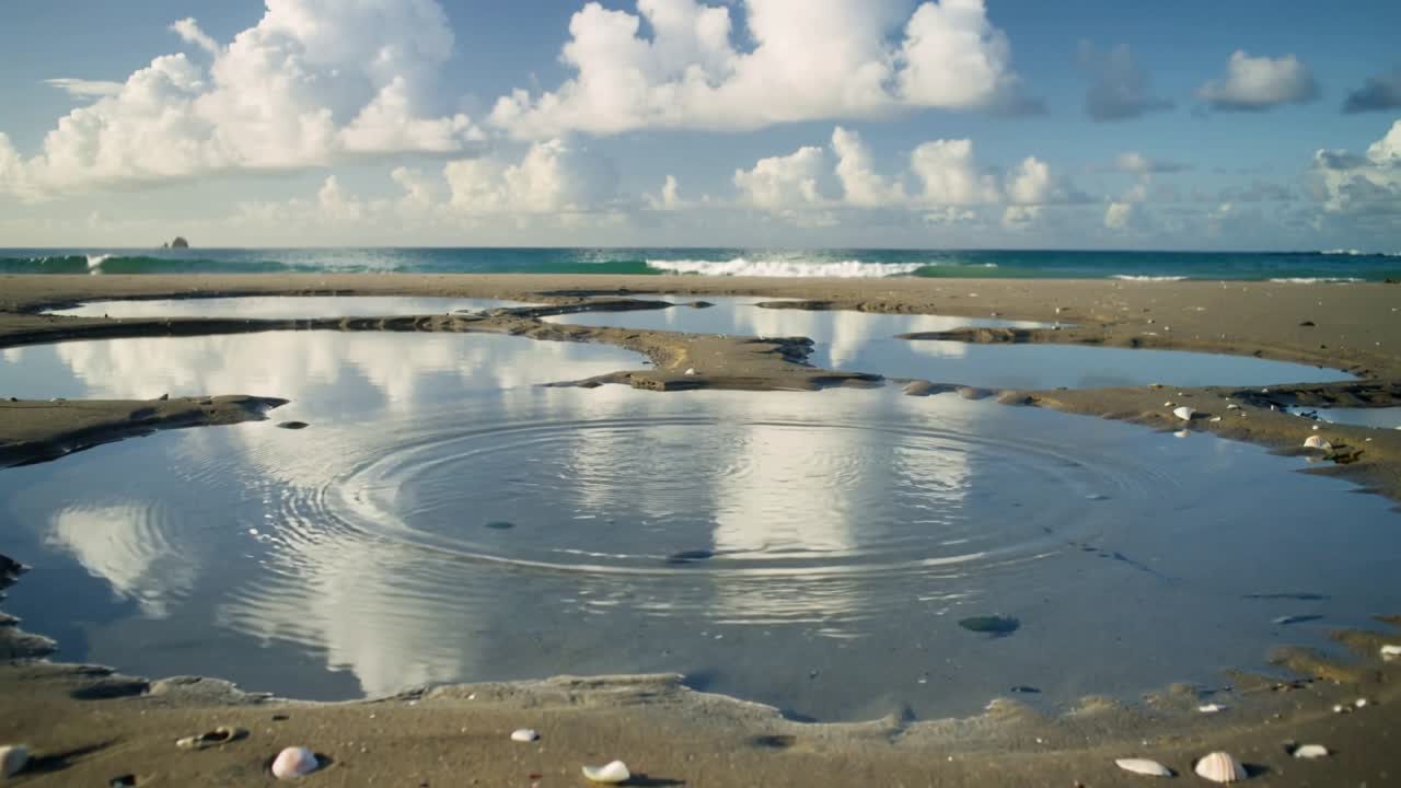 Shallow pool reflecting clouds and making rings after small central disturbance for coastal science