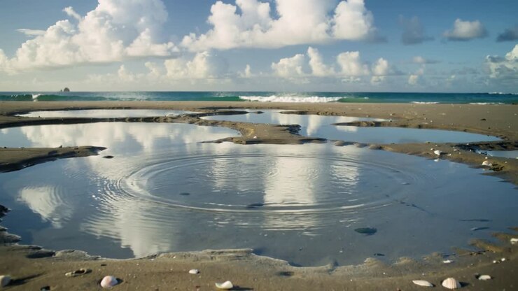 Shallow pool reflecting clouds and making rings after small central disturbance for coastal science