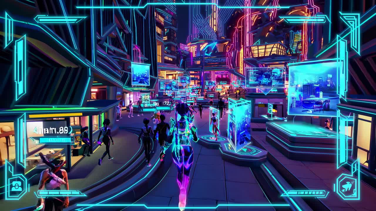 Futuristisk videospilscene i en storby med neonlys, set fra et førstepersonsperspektiv