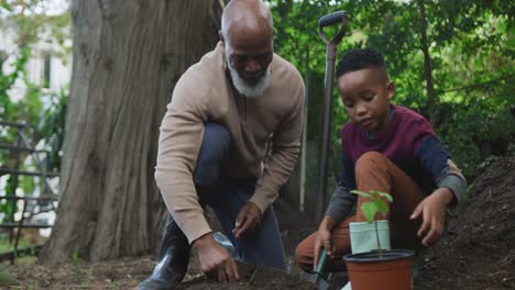 happy senior african american man with his grandson planting in garden