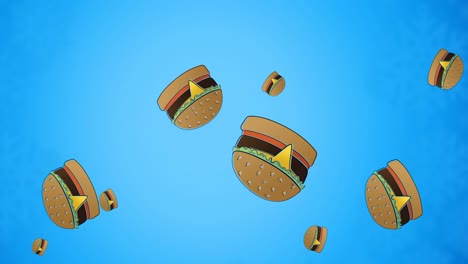 animación de varias hamburguesas con queso flotando sobre un fondo azul