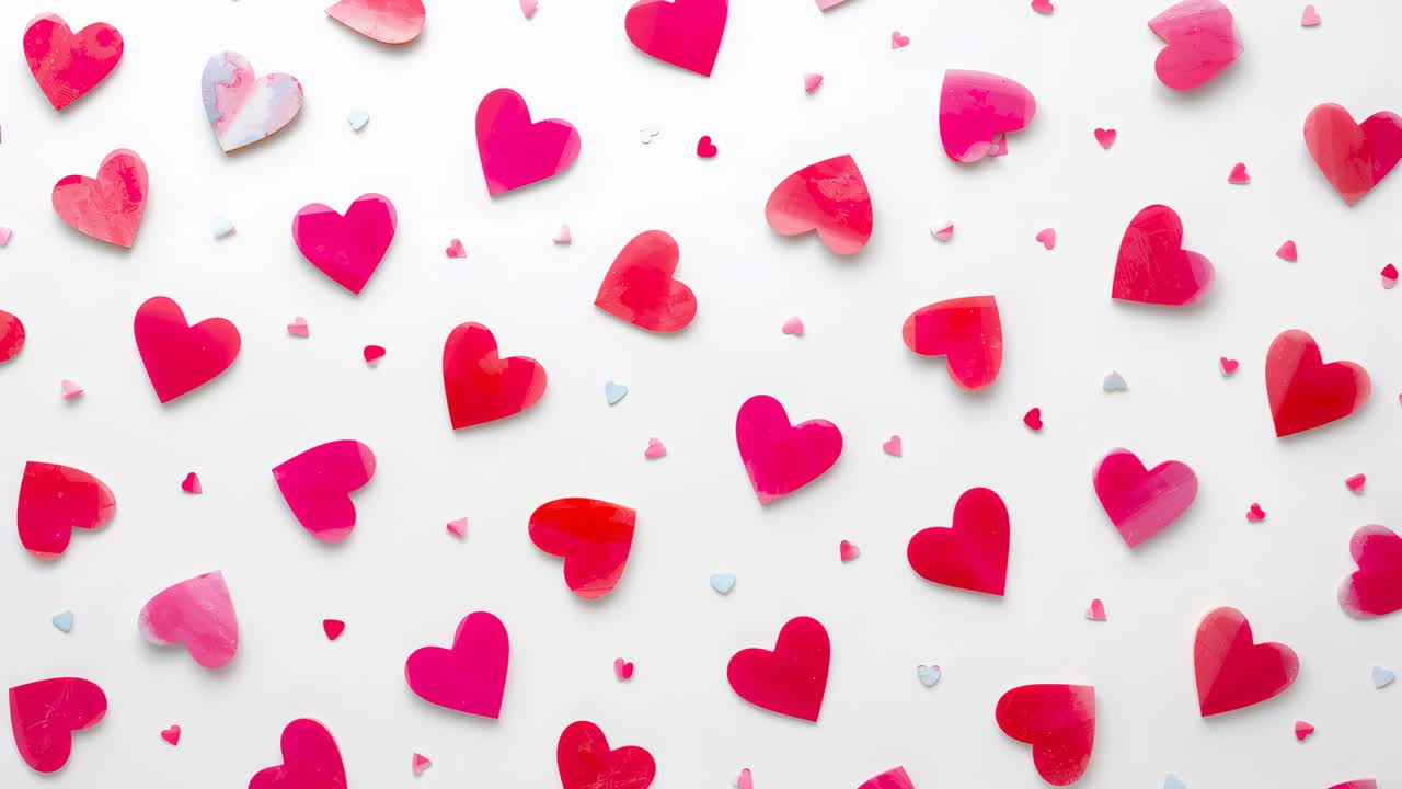 Cuori di carta in rilievo che si inclinano, ruotano e si raggruppano su un foglio bianco, movimento che inizia con coriandoli