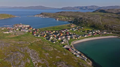 Aerial-overview-of-the-town-center-of-Bygones,-summer-evening-in-Pykeija,-Norway