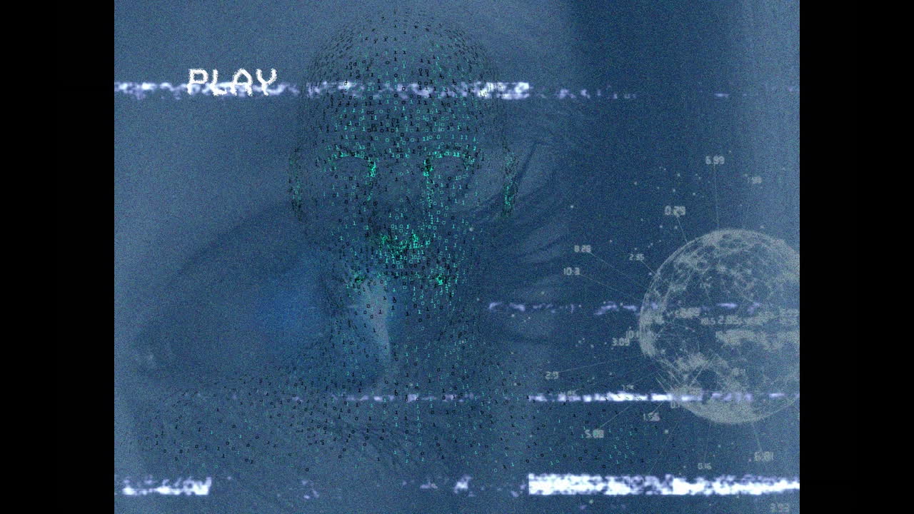 animación del ojo de la mujer caucásica y interferencia sobre el humano digital y el globo