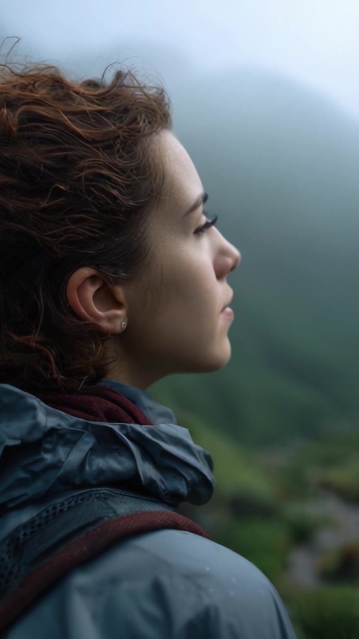 Una giovane donna che guarda pensierosa in lontananza in un paesaggio nebbioso, catturando un senso di meraviglia e riflessione nell'abbraccio della natura
