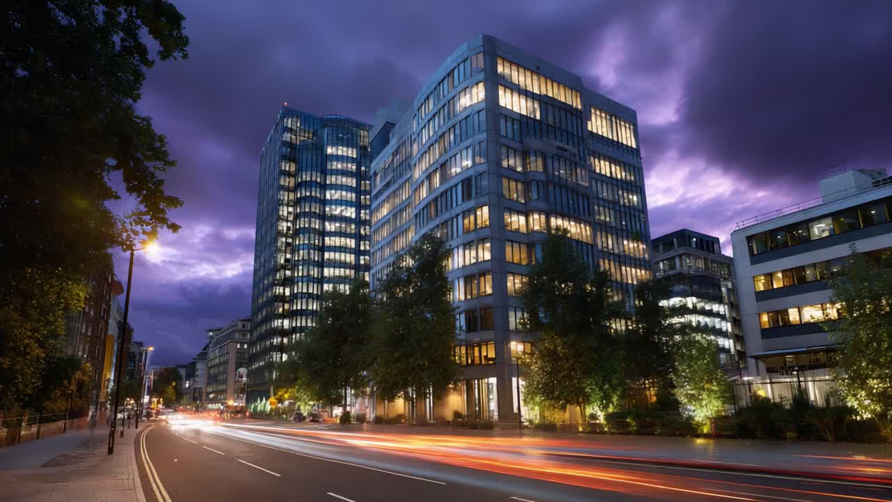 Paisagem urbana noturna deslumbrante com arquitetura moderna e luzes de rua vibrantes iluminando um ambiente urbano movimentado ao entardecer