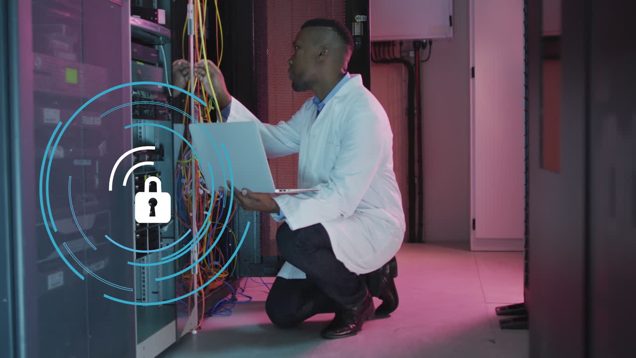 Animation of data processing over african american male it engineer and computer servers