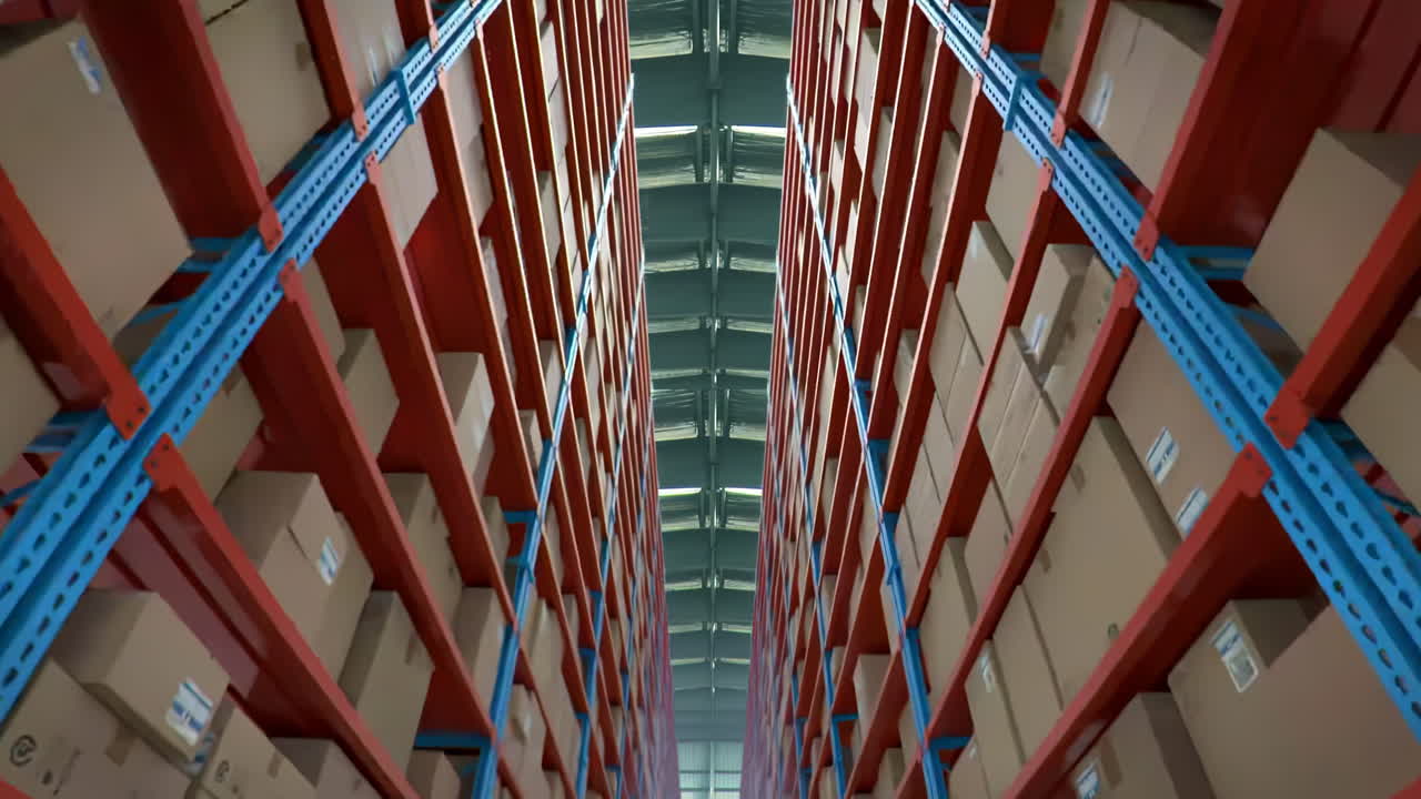 Inventory control, order fulfillment or space optimization, cardboard boxes on metal shelves rack full of carton in large industrial warehouse distribution center storage show efficiency automation