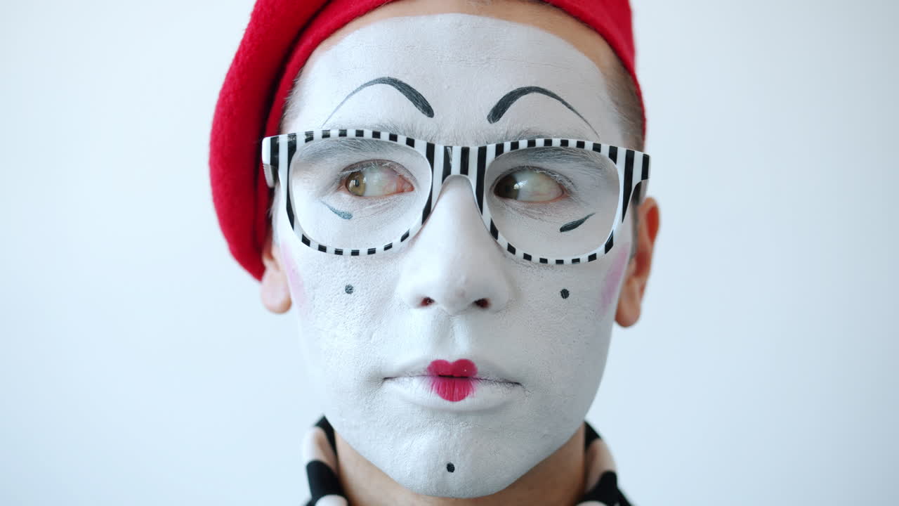 Mime with red beret and striped glasses