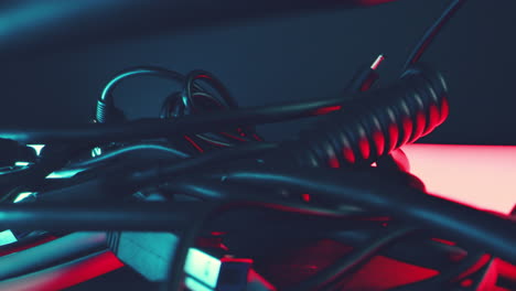 tangle of electric wire cables, adapters and extensions lies knotted on red blue illuminated table