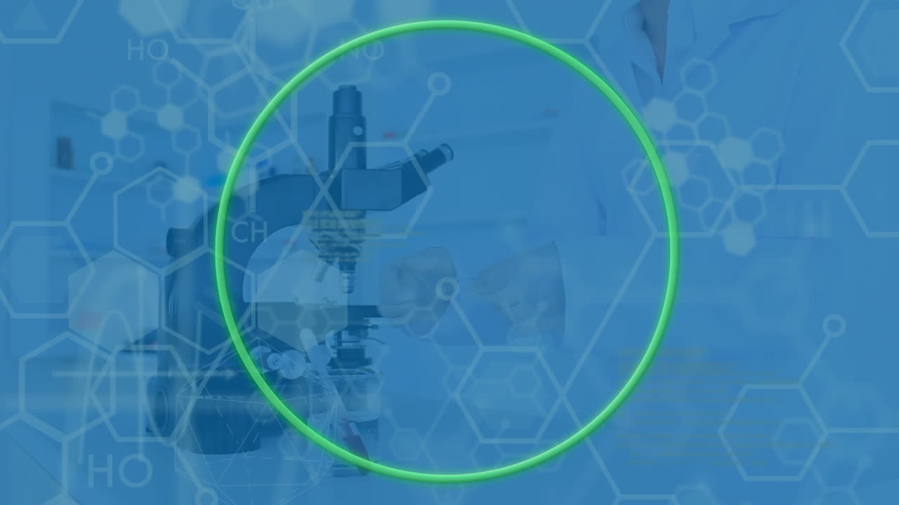 Animation of green circle and chemical structures over caucasian female scientist in laboratory