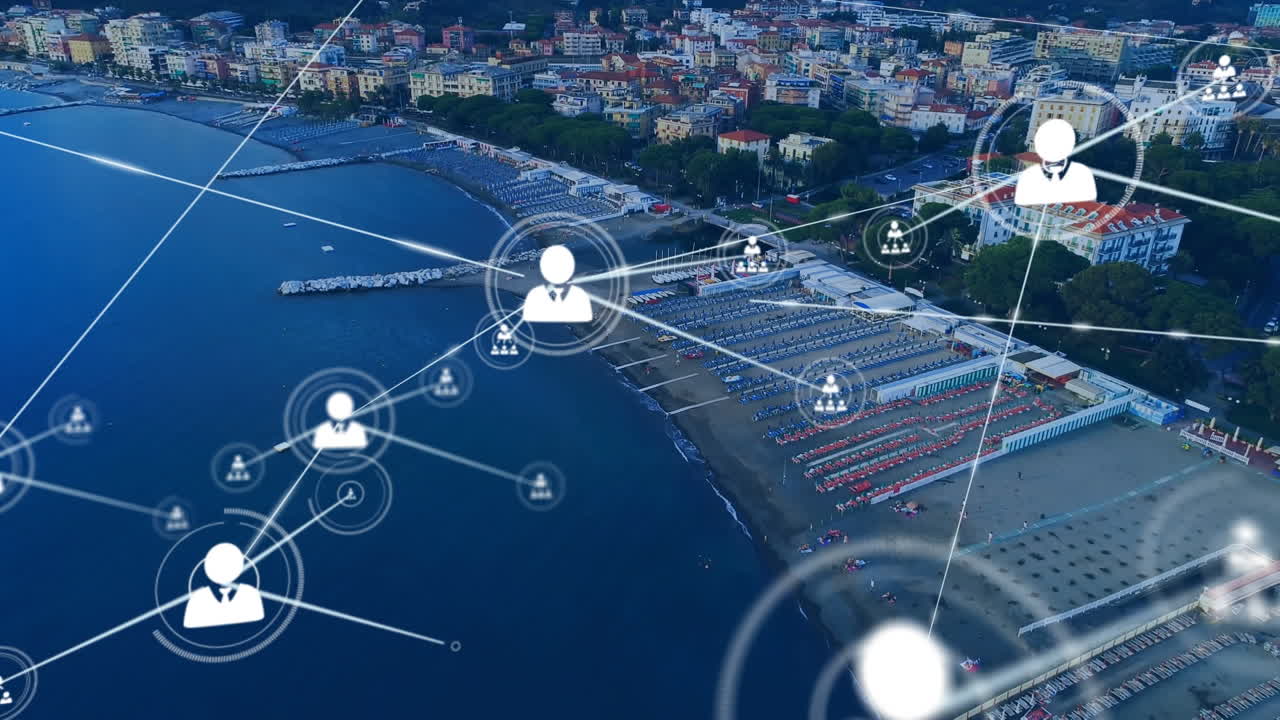 Animation of networks of connections over cityscape