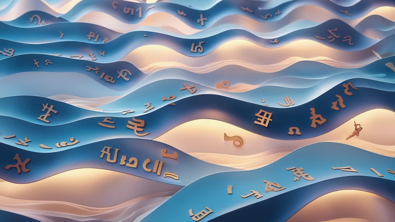 Abstract Flowing Blue Waves with Golden Symbols