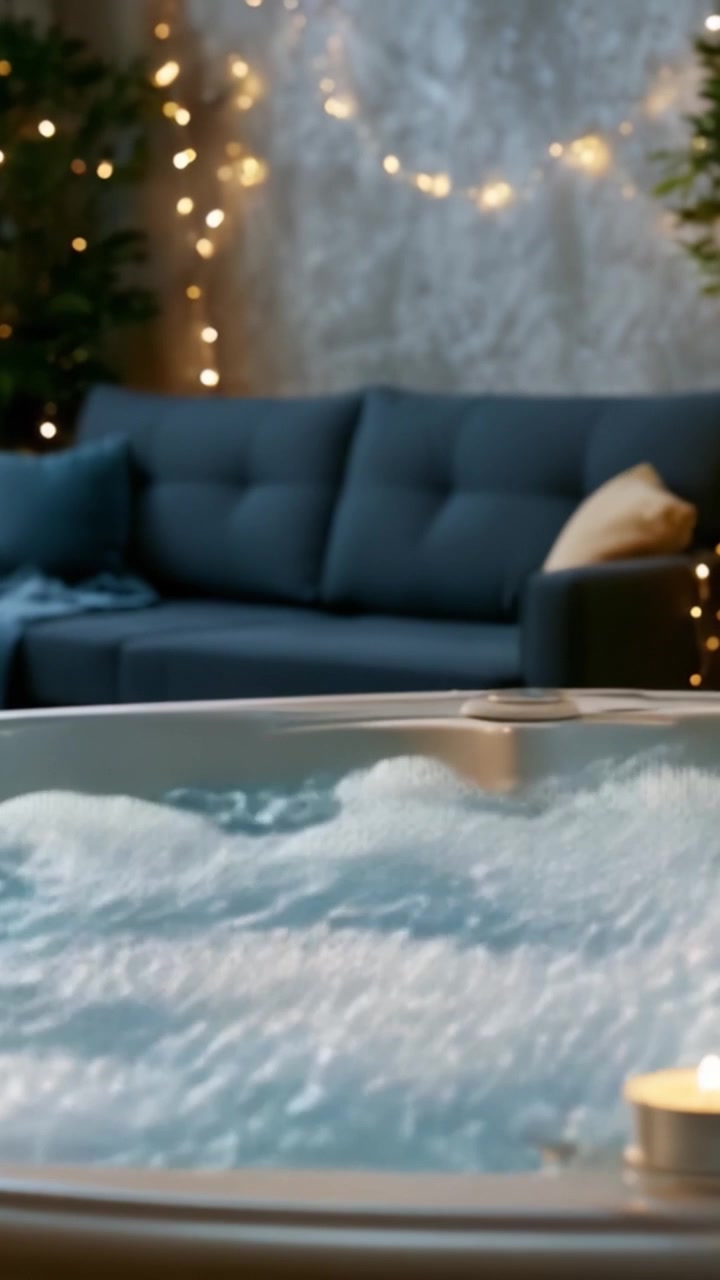 Una serata rilassante in un accogliente soggiorno con una vasca idromassaggio gorgogliante, circondata da illuminazione soffusa e un divano morbido per il massimo comfort.