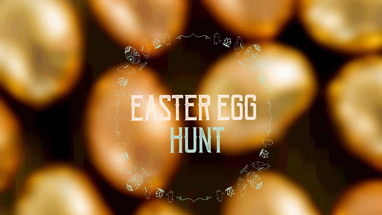 부활절 달 사냥의 애니메이션 텍스트가 초점 밖으로 황금 부활절 알을 배경으로