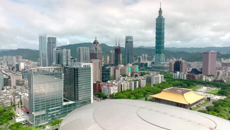 aerial view over taipei city with 101 tower ,taipei dome dajudan and sun yat-sen memorial hall during cloudy day