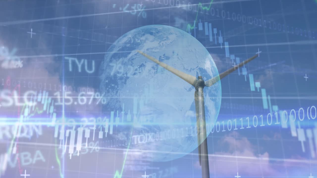 Animation of financial data processing binary coding over earth and wind turbine
