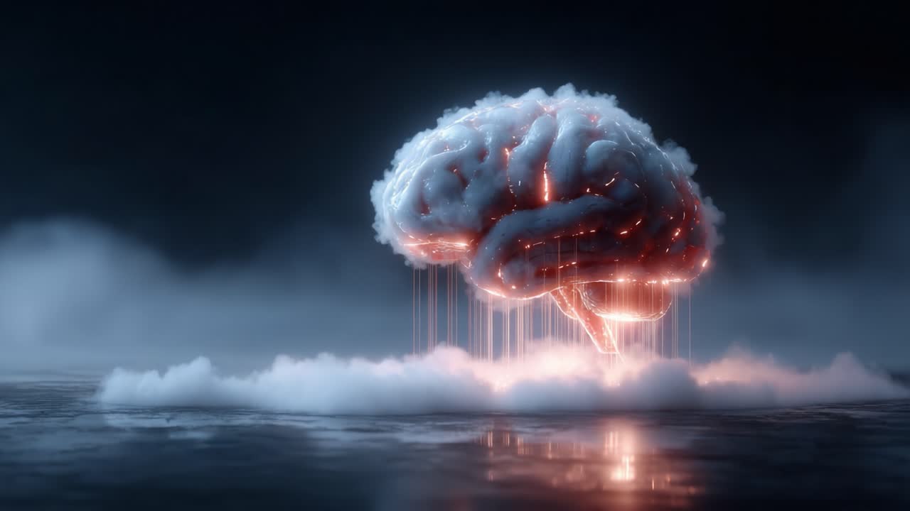 A surreal depiction of a glowing brain emerging from a cloud, emanating streams of light, encapsulating themes of creativity, intelligence, and otherworldly inspiration