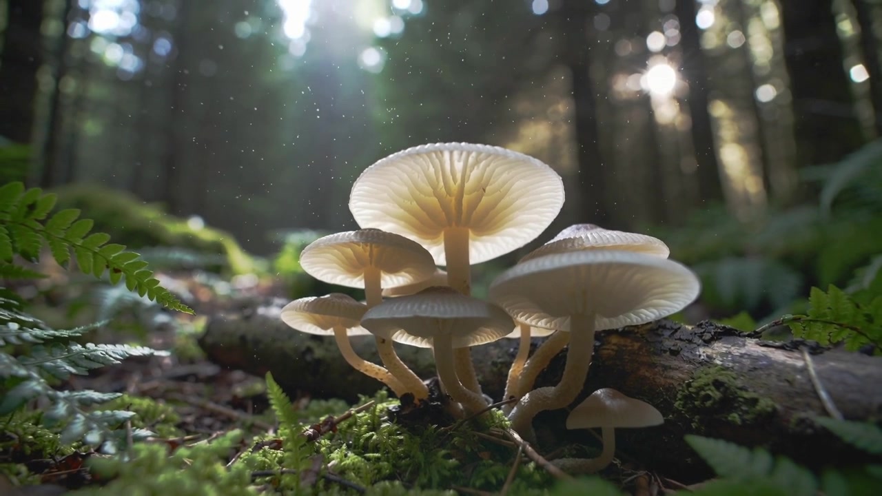 Camera moving upward, revealing pale mushroom gills on mossy log and ferns to capture backlit motes