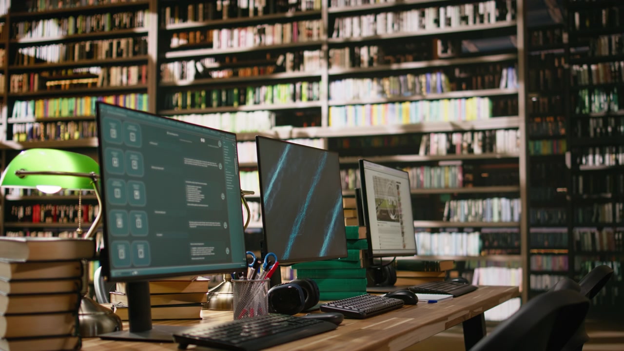 Schermi per l'apprendimento digitale su monitor di computer posizionati su una scrivania da studio in biblioteca