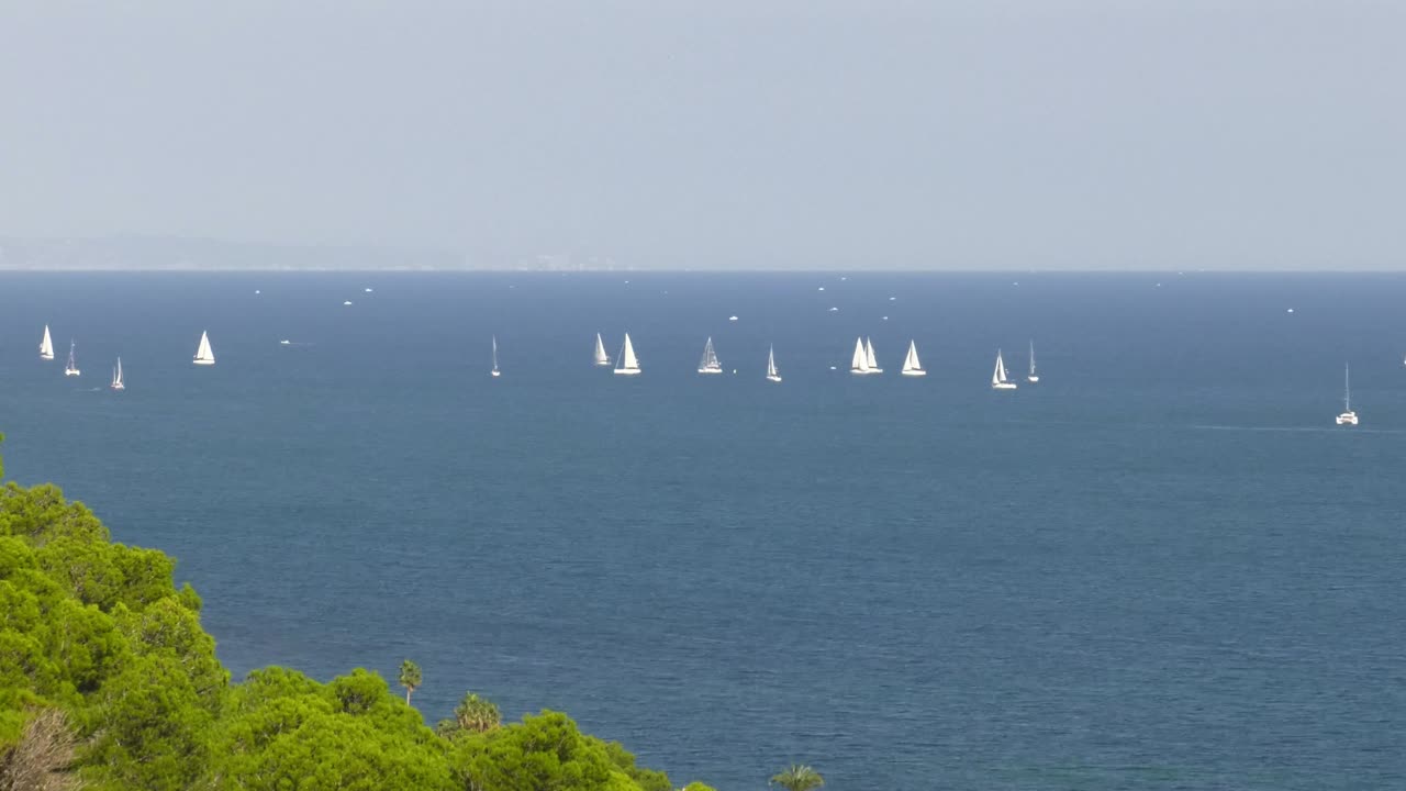 Seascape time lapse of white sailboats on a blue sea, zoom