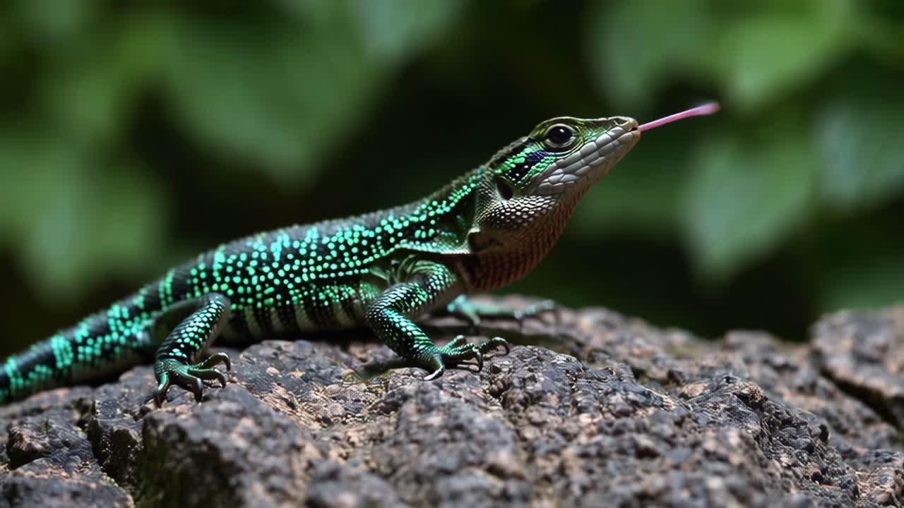 Green Lizard with Pink Tongue on Tree Bark