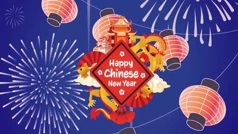 animation of happy chinese new year text over red diamond and chinese pattern on blue background