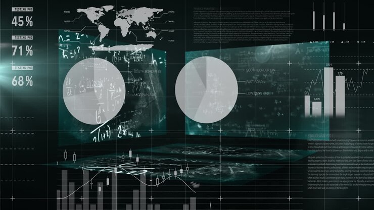Mathematical equations floating against statistical data processing against black background