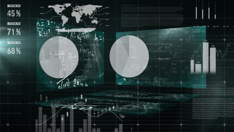 ecuaciones matemáticas flotantes contra el procesamiento de datos estadísticos contra un fondo negro