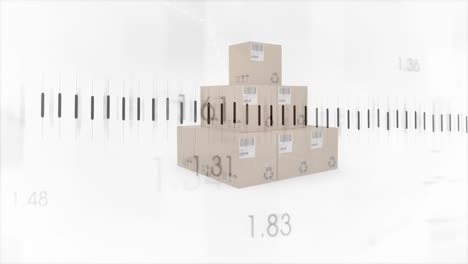 animation of statistics processing over cardboard boxes on white background