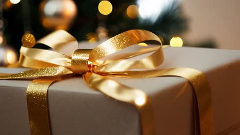 close-up of a christmas present wrapped in gold ribbon with a christmas tree and lights in the background