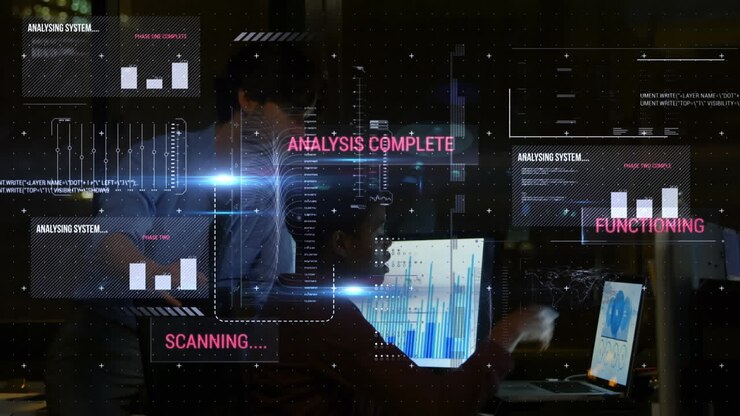 Animation of statistics and data processing over business colleagues using laptop