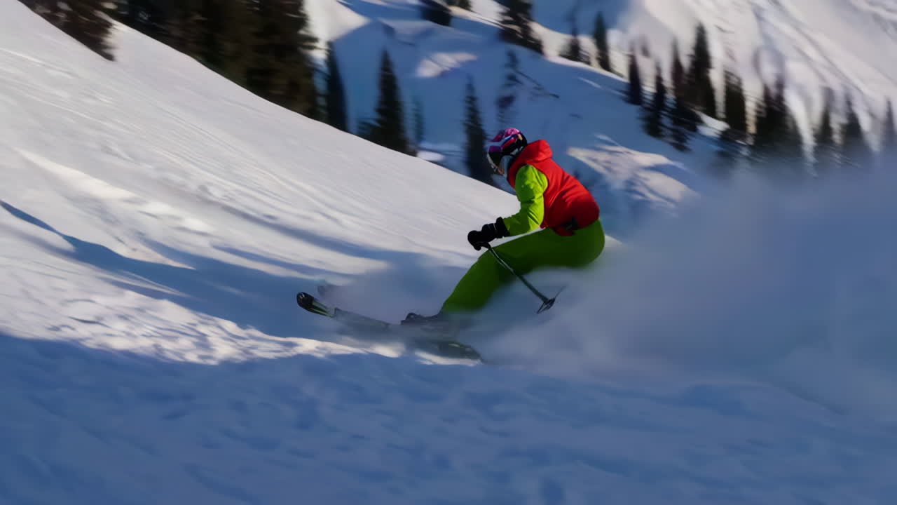 Skier carving a powder slope in the mountains