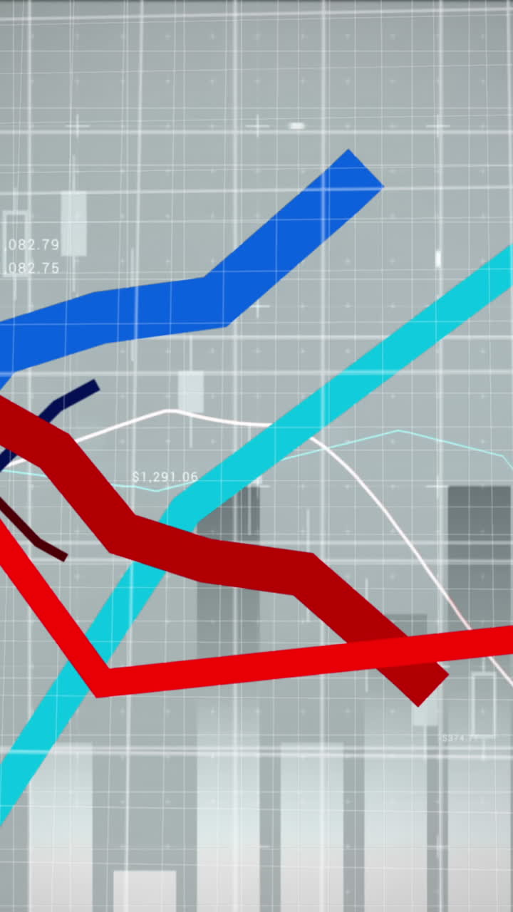 animación de líneas rojas y azules que se mueven con estadísticas de procesamiento de datos financieros sobre la cuadrícula
