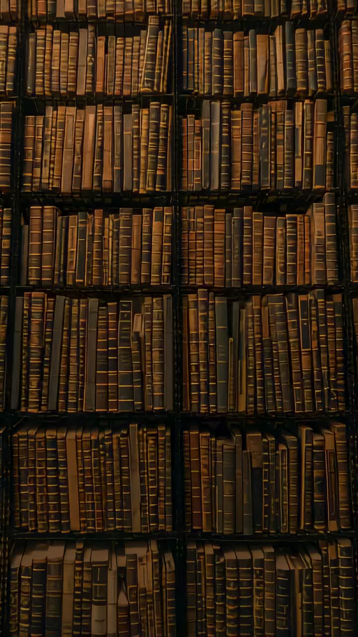 Video verticale: Panoramica della telecamera che rivela un'alta libreria in un archivio, mostrando dorsi in pelle e un binario.